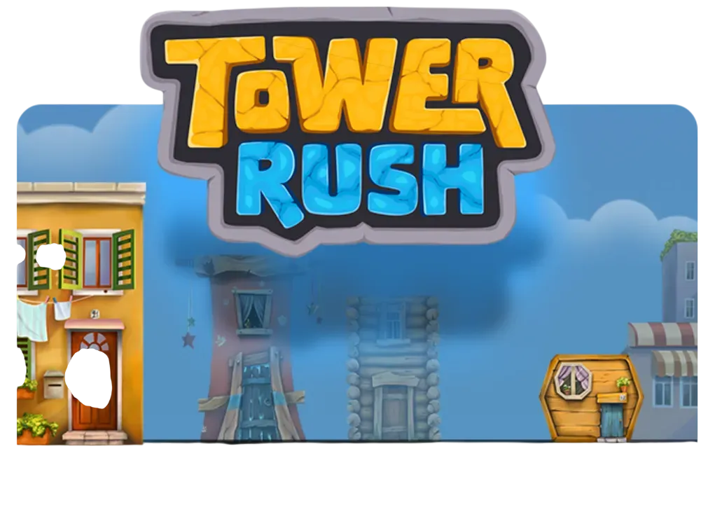 Tower Rush casino game interface with colorful towers and betting controls
